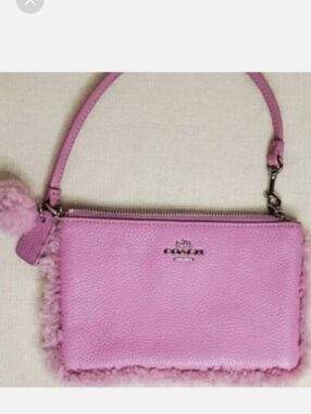 Coach Pink Teddy Bear Shearling-Trim Leather Mini Handbag Wristlet with Pompom